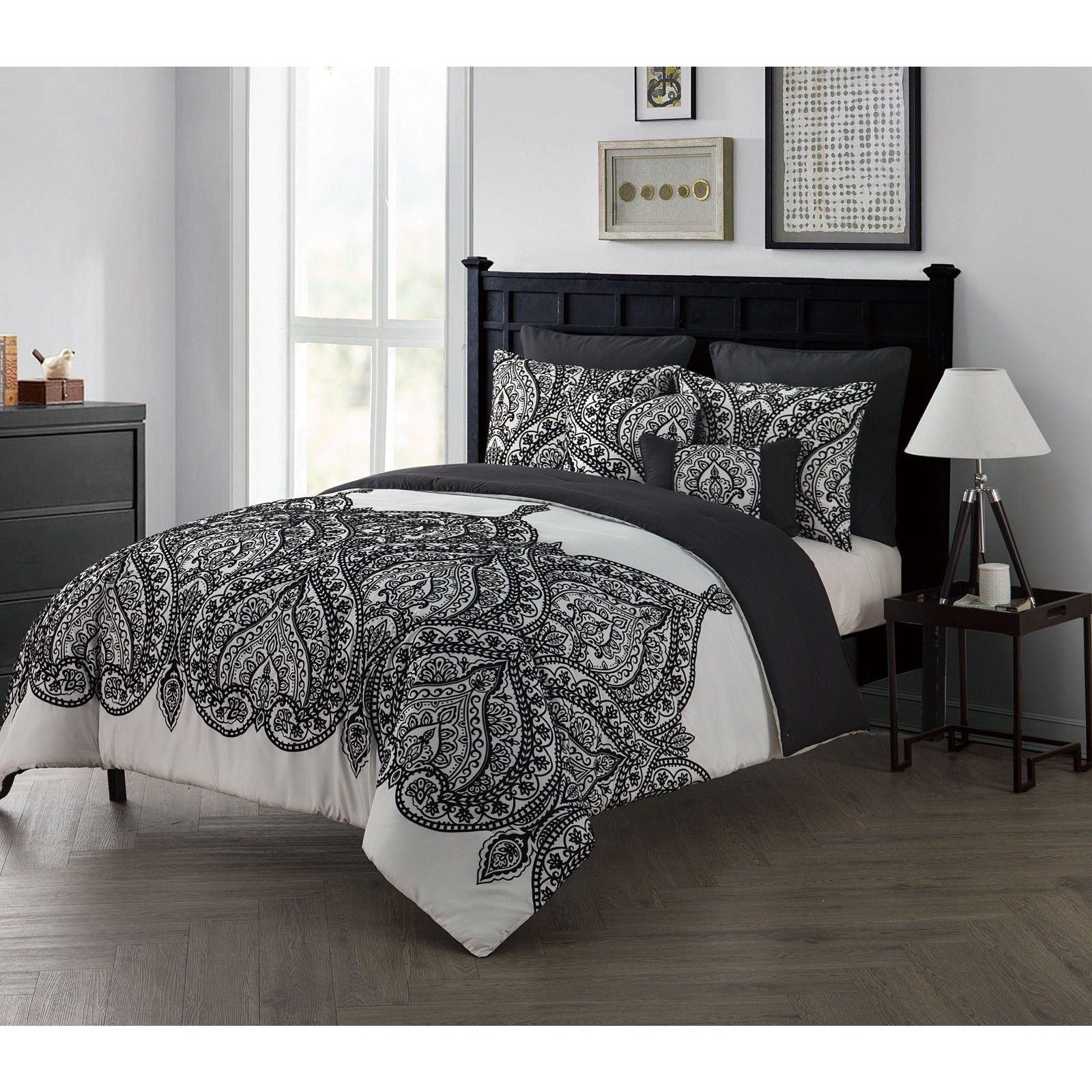 Full Queen King Size Bed Black White Flocked Paisley 7 Pc Comforter Set ...