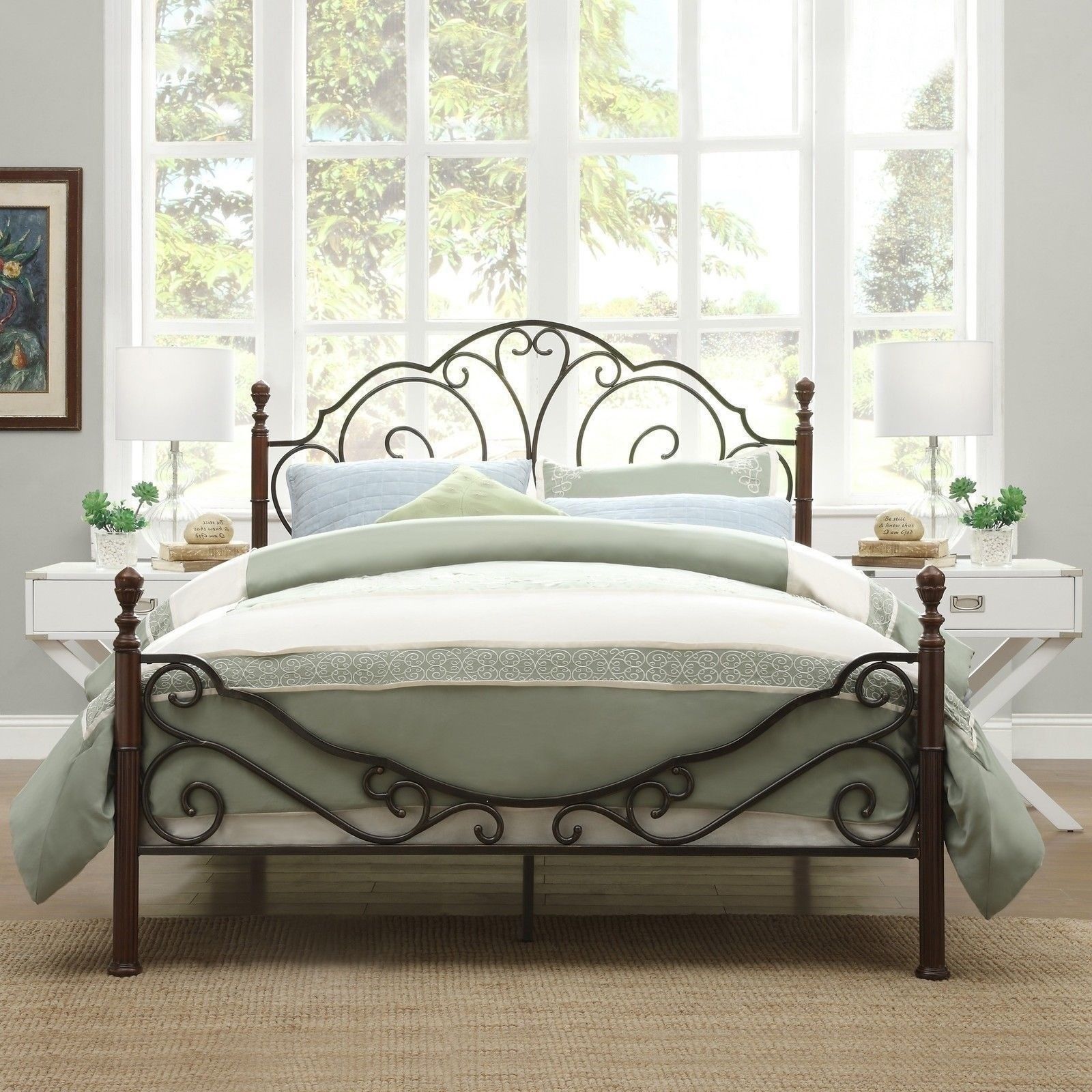 Twin Full Queen King Bronze Metal Wood Four Poster Bed Frame Headboard ...