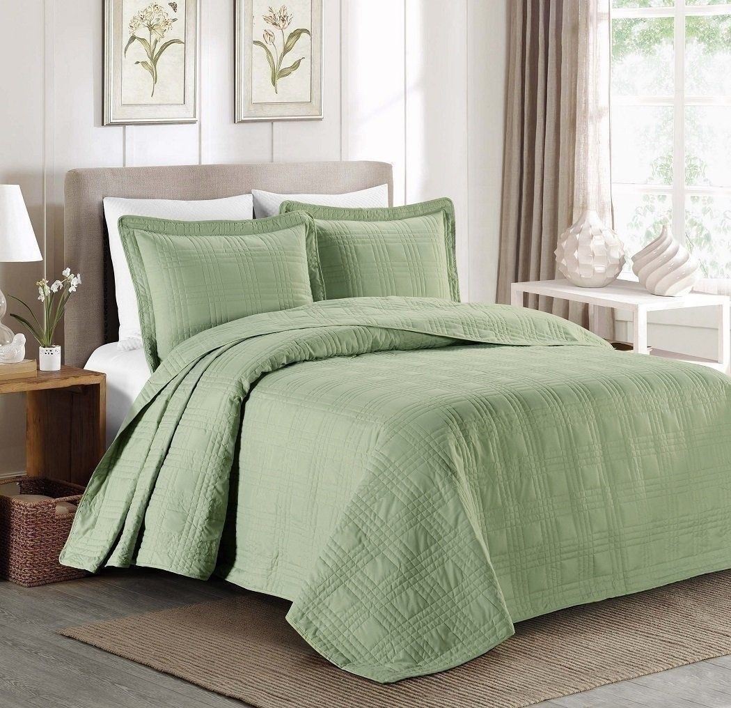 Queen Cal King Bed Sage Green Plaid Oversized 3 Pc Quilt Set Coverlet ...